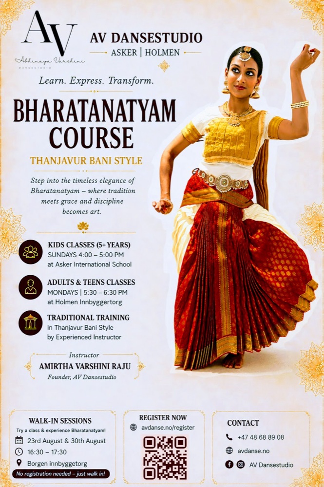AV Dansestudio Bharatanatyam Course admissions poster, Autumn 2026